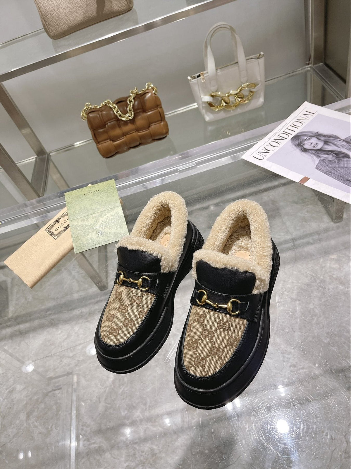 Gucci Patterned Plush-Trim Slip-On Snow Boots — front
